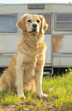 Hund vor einem Camper