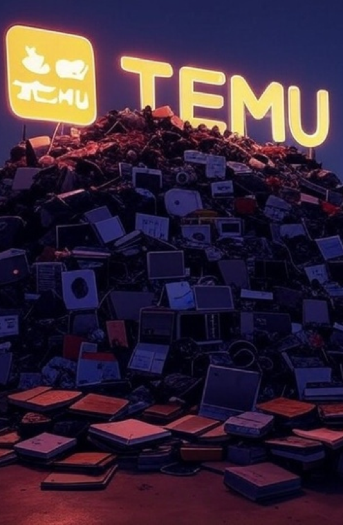 Pile of stuff with Temu logo on top of it in neon font.